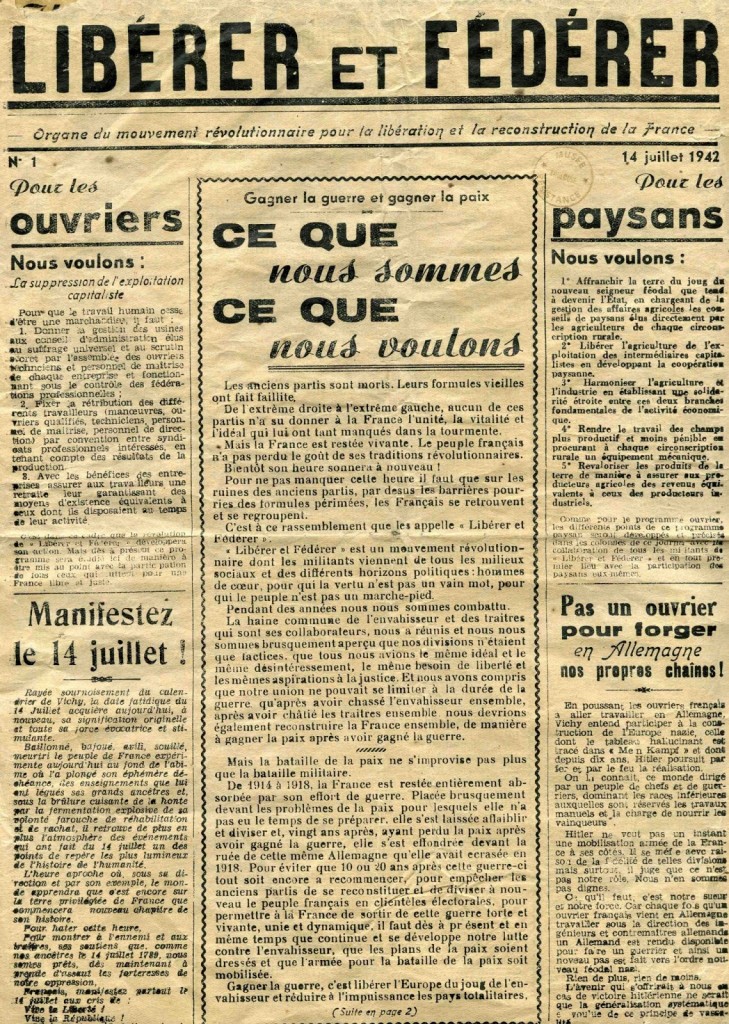 Une de Libérer et Fédérer, juillet 1942. Collection Musée de la Résistance et de la Déportation de la Haute-Garonne